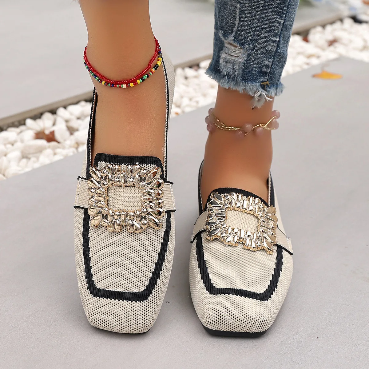 Spring Women's Flat Shoes New Knitting Sock Sneakers Breathable Slip on Female Loafers Plus Size 36-43 Fashion Buckle Flat Shoe view 4