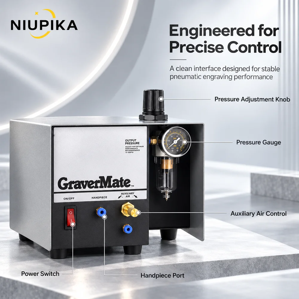 NIUPIKA Pneumatic Engraving Machines Jewelry Metal Engraver Control Unit with Handpiece Foot Pedal Air Pressure Gauges 110V 220V