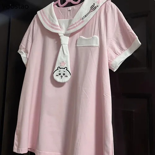 Camiseta japonesa de dulce Lolita para mujer, camisetas holgadas Kawaii con estampado de dibujos animados y cuello de marinero, camisetas de hadas Harajuku estéticas Y2k para chicas