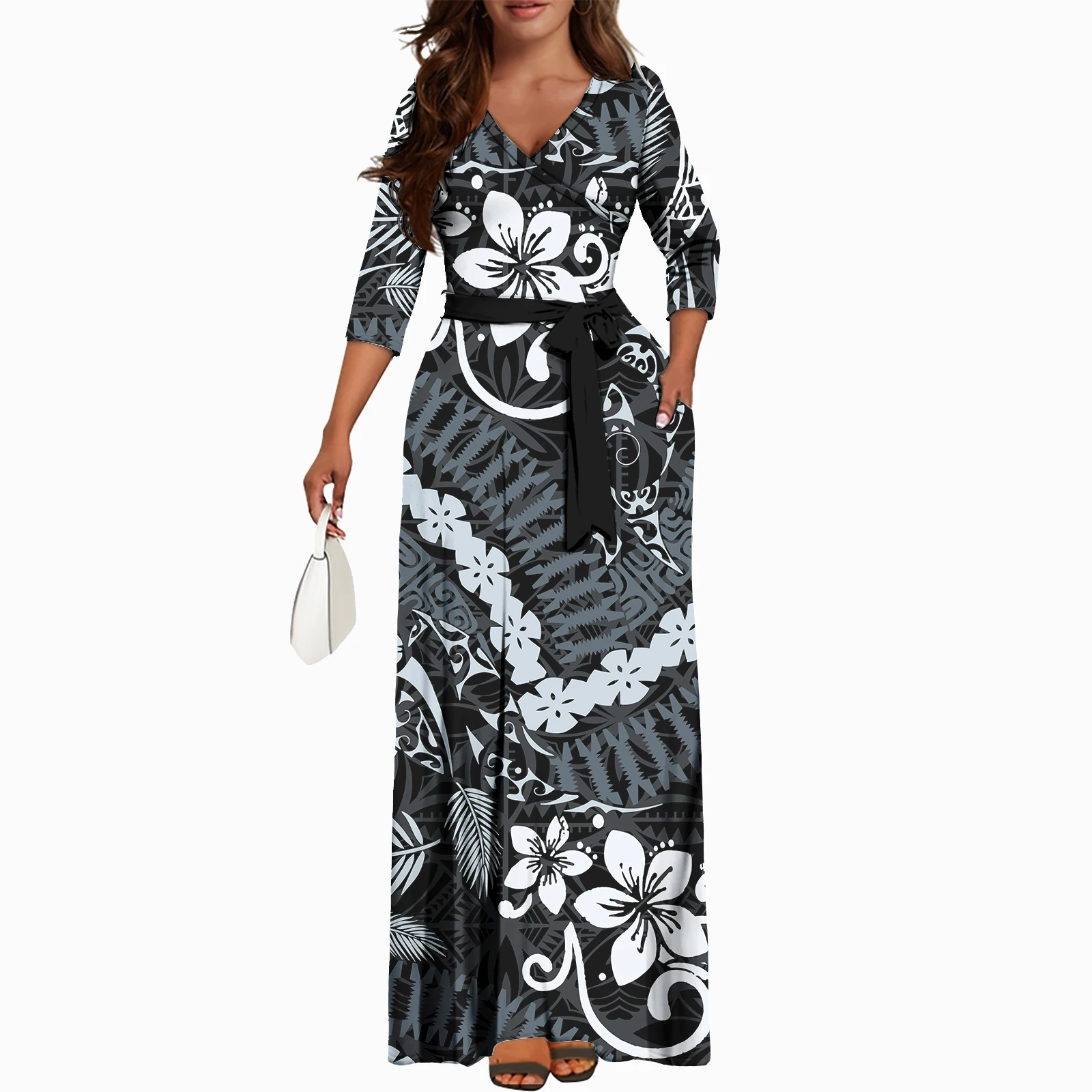 Fall Island Style Slim Dress With Pockets Plus Size Formal Luxury Design Polynesian Hawaiian Elegant Women's Dresses