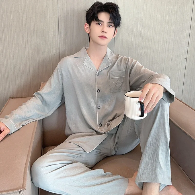 

2025 New Spring and Fall Models Cloudy Cotton Men's Pajamas Homewear Suit Long-Sleeved Lapel Boys Homewear Suit Leisure Pajamas