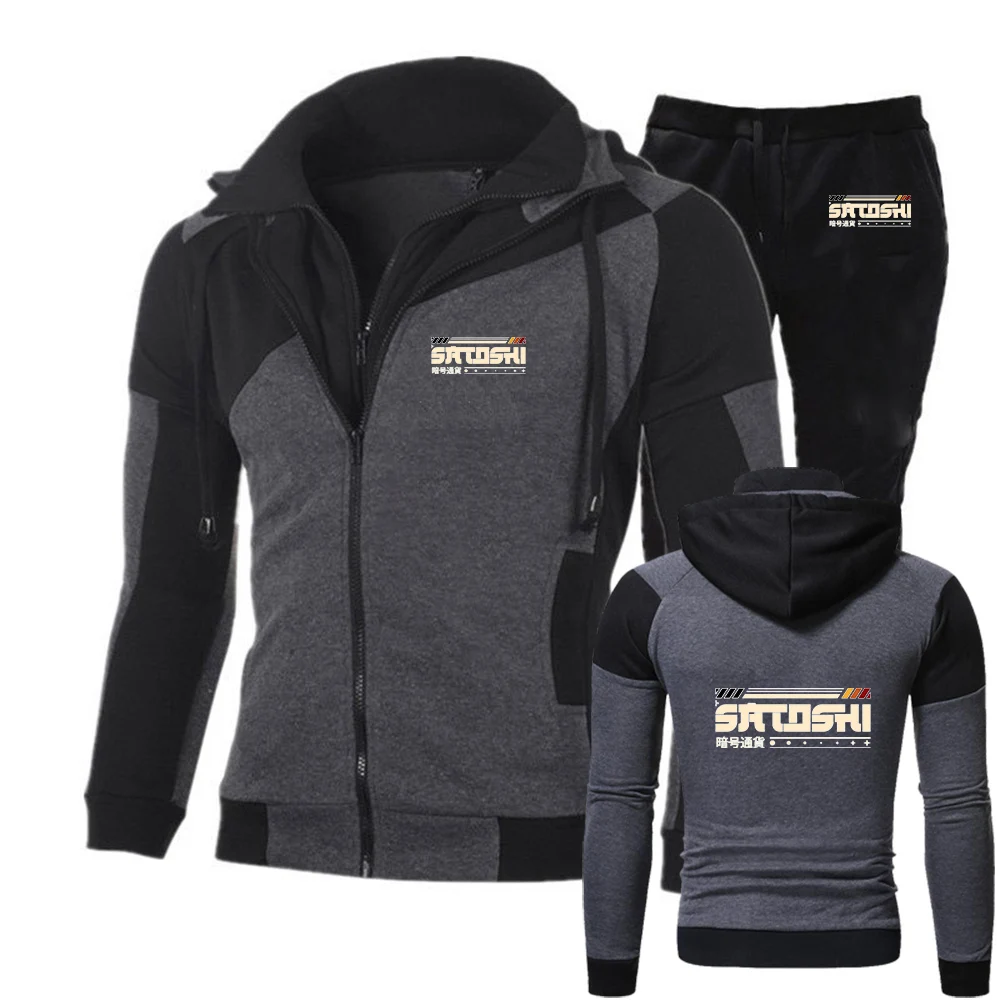 

2026 Satoshi and Crypto Graphic Print Spring And Autumn Men's New Casual Color Matching Design Diagonal Zipper Hoodie+Pants Suit