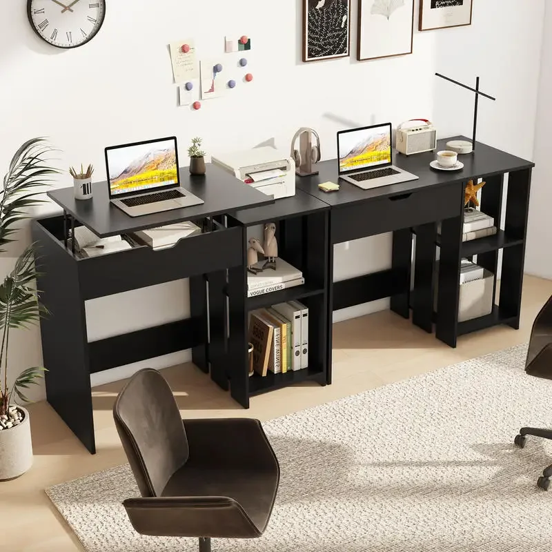 

Space Saving Computer Desk with Hidden Compartment and Open Storage Shelves-Black