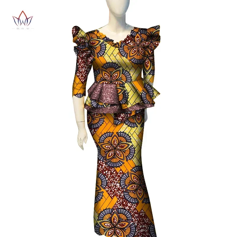 Saia Africana e Conjunto de Saia para Mulheres, Bazin Riche, Patchwork, Flower Ruffles, Roupa Tradicional, WY7149, Dashiki, 2 Pcs