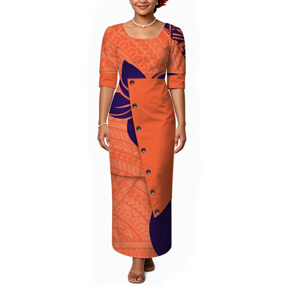 Samoa Tonga Art Design Women'S Long-Sleeved Dress With Sexy Round Neck, Long Skirt Body Hanger Opening Evening Gown