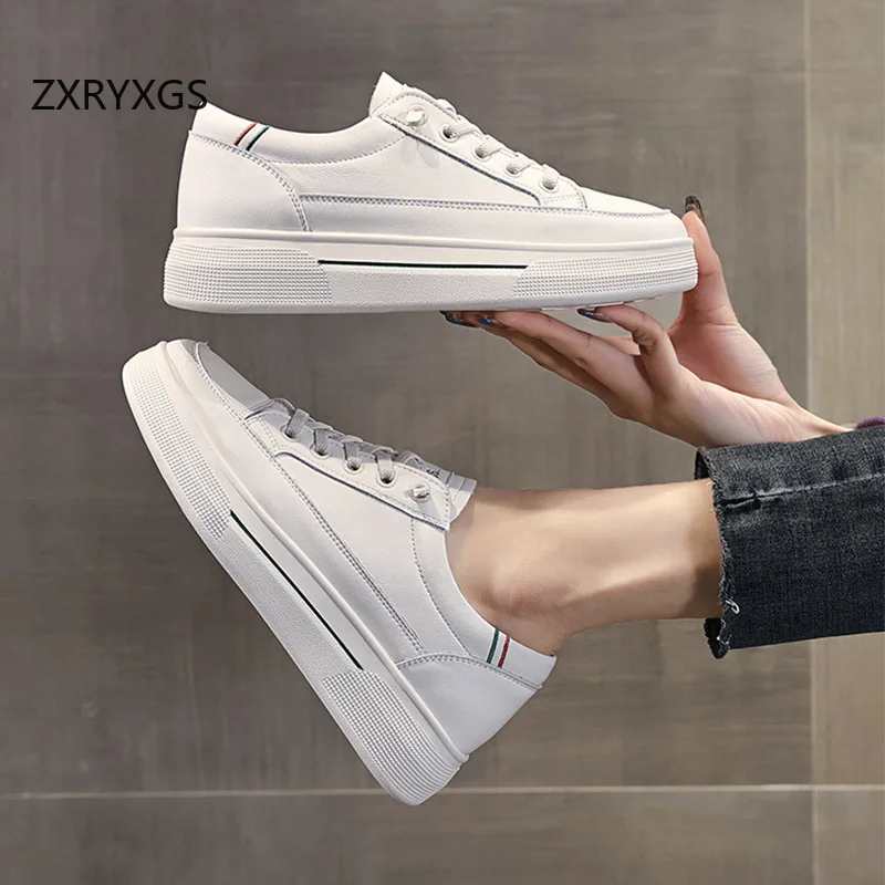 ZXRYXGS New Genuine Leather White Shoes Women Sneakers 2025 Popular Light Comfort Flat Shoes Casual Sneakers Trend Black Shoes image 6