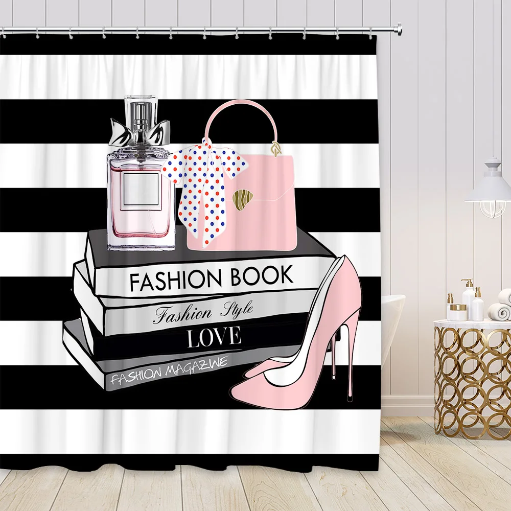 Pink Perfume Floral Shower Curtain Set Butterfly Natural Flower Black White Stripes Fashion Woman Girl Bathroom Decor with Hooks