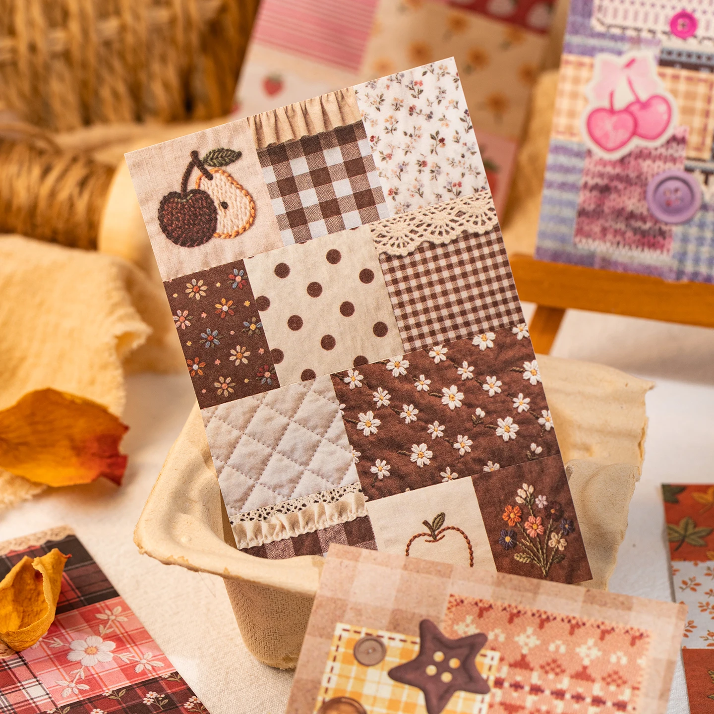 JIAMEI 50sheets Fabric Garden Series Retro Simulation Embroidery Pattern Message Memo Book DIY Scrapbook Material Paper