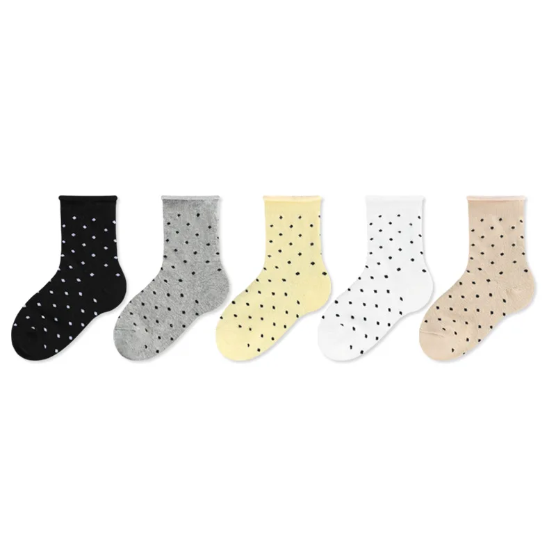 MILANCEL 5 Pairs a Lot New Children's Socks Autumn/Winter Girls Solid Color Polka Dot Rolled Edge Socks Girls Mid Tube Socks