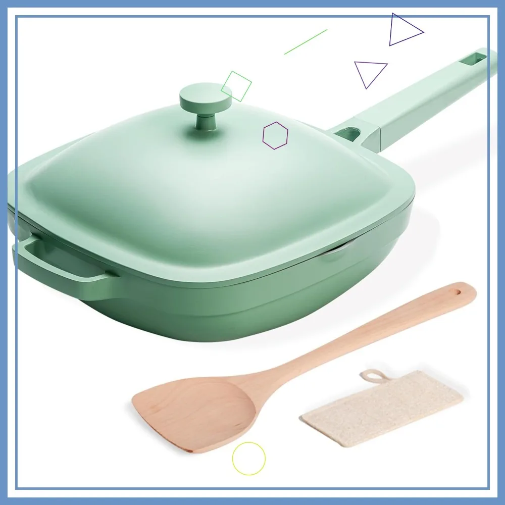 

10.5 Inch Ceramic Non-Stick Frying Pan with Lid, Cast Aluminum Deep Saute Pan, Wooden Spatula and Scrubber Included - Mint Haze