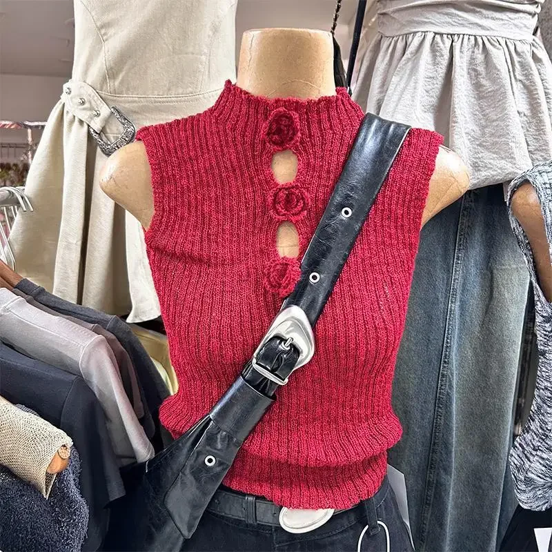 

Spring Wear New Sweet Niche Pullover Three-dimensional Flowers Sleeveless Sweater Vest Loose and Thin Red Knit Top