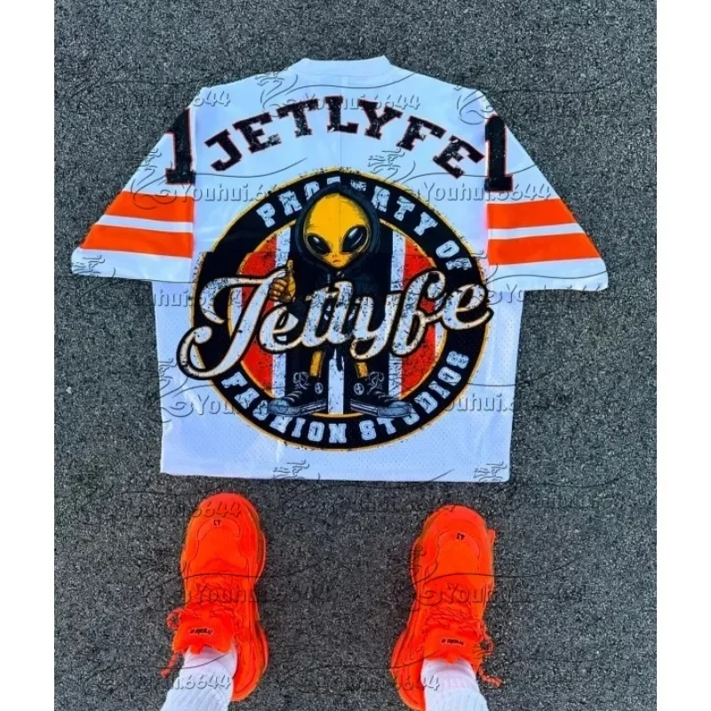 

Европейская и американская мода, новый сетчатый трикотаж, мужская уличная одежда в стиле хип-хоп, летняя футболка из дышащей ткани y2k с короткими рукавами MOTO