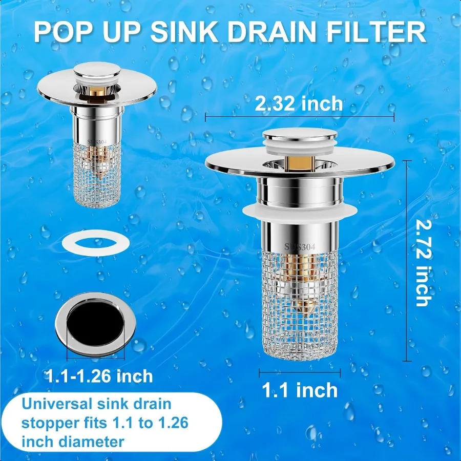 3 шт. сливной фильтр для раковины в ванной комнате с отверстием 1,11,26 дюйма, универсальный сливной фильтр из нержавеющей стали, уловитель волос, защита от засорения Po