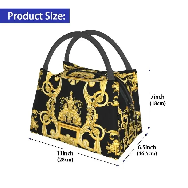 Luxury Golden Europe Floral Insulated Lunch Bag for Work Office Leakproof Thermal Cooler Lunch Box Women