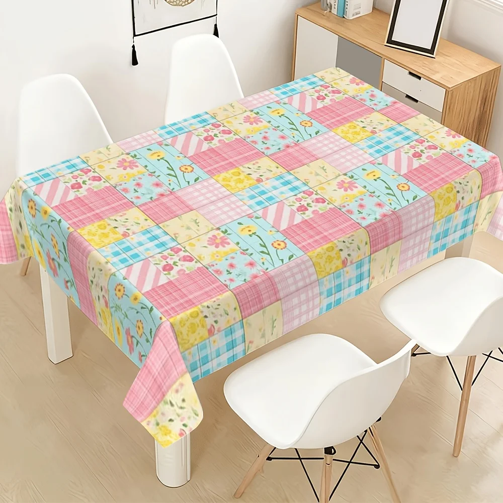 1pc Rectangular Tablecloth 2D Flat Tablecloth 1pc High-End Versatile Spring Powder Blue Yellow Plaid Patchwork Floral Tablecloth 2D FLAT Artistic Atmosphere, Aesthetic And Machine Washable Easy Clean