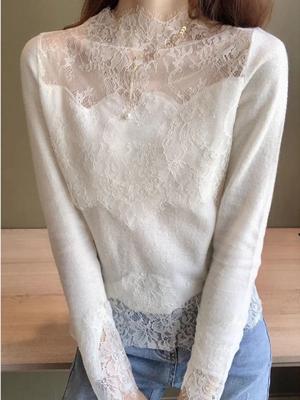 

Fashionable Lace Knitted Base Shirt Design Sensation Style Versatile Korean Version Commute Style Regular Sleeve Long S...