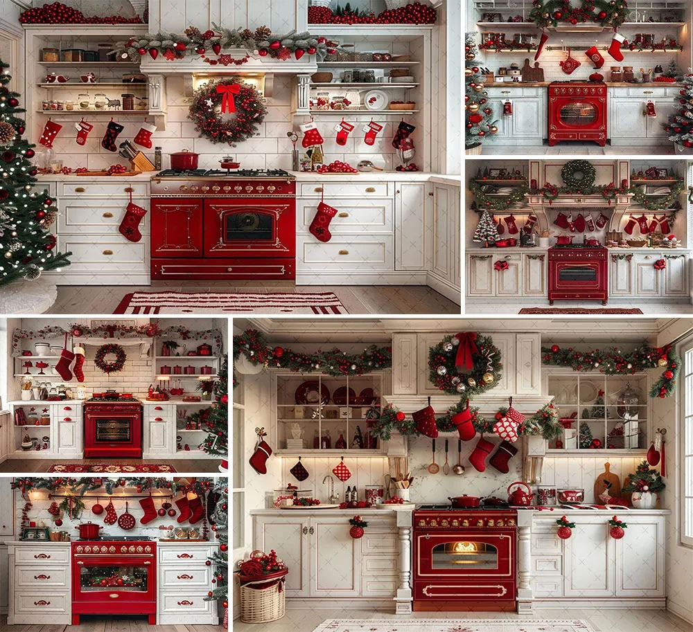 

Mehofond Photography Background Winter Christmas Red Kitchen Cupboard Xmas Tree Kids Family Portrait Decor Backdrop Photo Studio