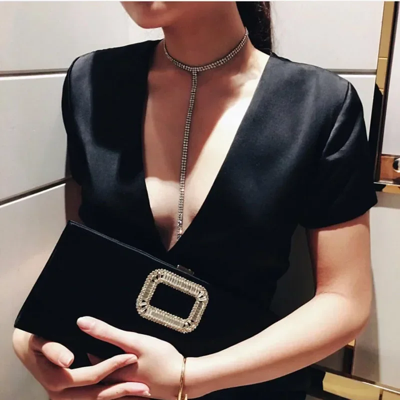 Fashion Full Rhinestone Chain Choker Necklaces for Women Long Tassel Chocker Simulated Crystal Collar Party Jewelry for Women