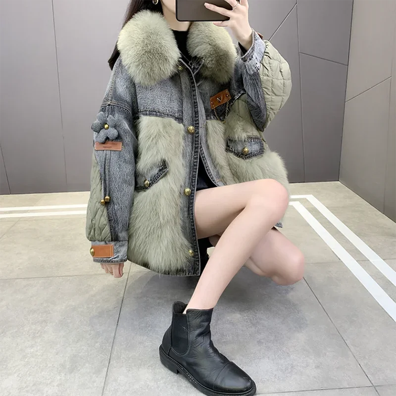 Winter Women Sewn Fur Jacket Fashion Imitation Fox Feather Down Cotton Padded Jacket Denim Jacket Short Style Overcoming Jacket