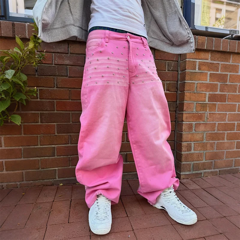 الوردي التدرج المسامير الديكور عالية الخصر خمر المتعثرة حفرة واسعة الساق الجينز Y2K الاتجاه الرجال النساء موضة غير رسمية الشارع الشهير #4