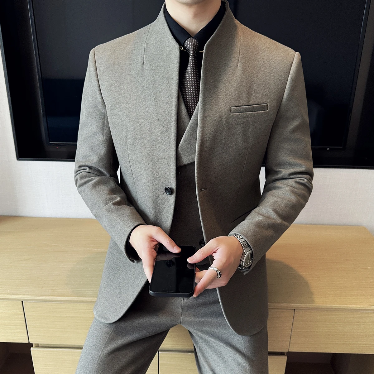 New Chinese Stand-up Collar Woolen Suit Autumn Winter Men\'s Business Casual Groom Wedding Slim Fit Suit Tuxedo 3-piece Set