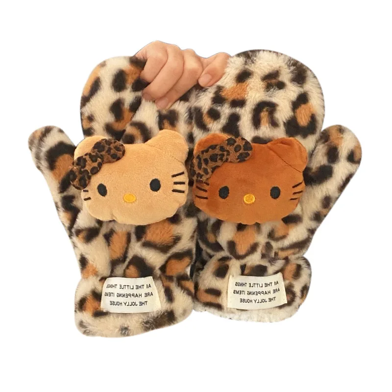 الكرتون كيتي الشتاء ليوبارد طباعة الموسع قفازات سميكة يندبروف سميكة الدافئة معلقة الرقبة قفازات كاملة الأصابع هدية الكريسماس