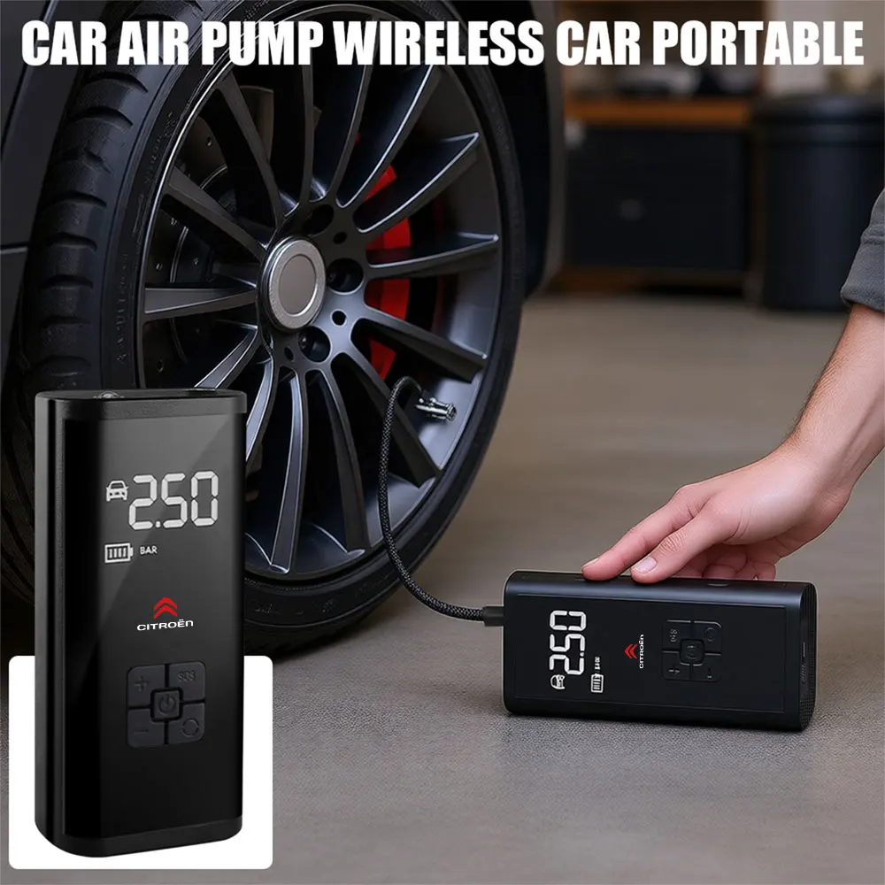 Bomba de Ar Sem Fio para Carro, Compressor de Ar Elétrico para Pneus e Bolas, Inflador de Pneus com Luz LED para Citroen C1 C2 C3 C4 C5 C6 e Calota de Roda