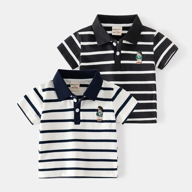 

2024 Summer Children Striped Polo Shirt Korean Version Style Boys Short Sleeves T-shirt 2-7Years Kids Embroidery Cotton Top