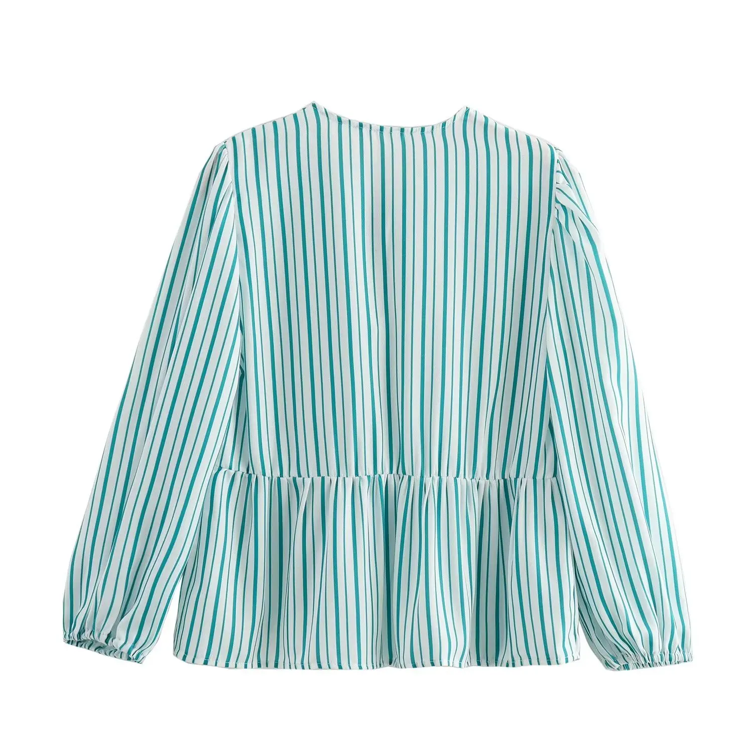 TRAF Striped Shirt Women Tops Bow Tied Pleats Fashion O-Neck Long Sleeved Blouses Summer Sweet Plaid Tops