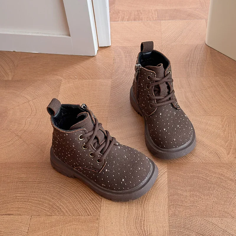 Kids Sparkly Rivets Short Boots Winter Keep Warm Plush Lined Boots Girls Thick Sole Non-slip Versatile Casual Ankle Boots