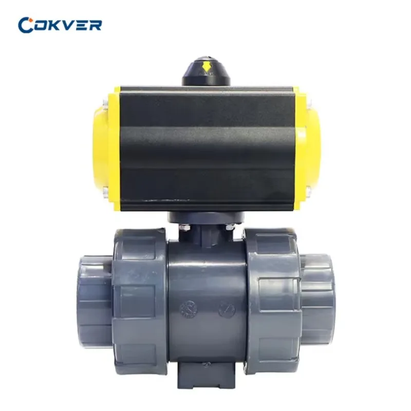 

Воздушный привод двойного действия UPVC, гнездо истинного соединения, пружинный возврат, пневматический водяной шаровой клапан DN100, уплотнения EPDM OEM