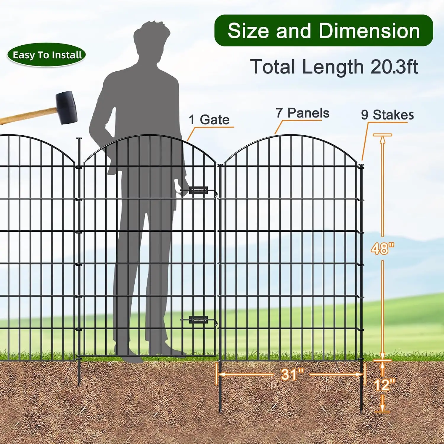 Metal Garden Fence with Gate 48 in x 20.3 ft, No-Dig Outdoor Dog Fence | 1 Gate + 7 Panels, Tall Garden Fencing for Large