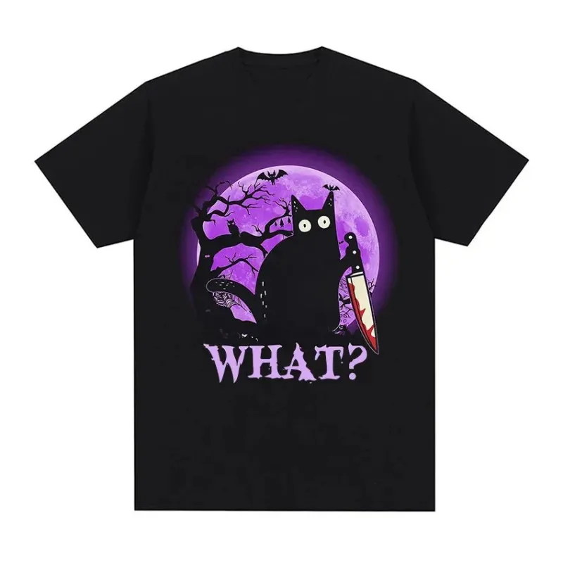 

What Murderous Cat Holding Knife Funny Halloween Meme Women's Vintage Casual O Neck Fashion Tee Streetwear High Street T-Shirt
