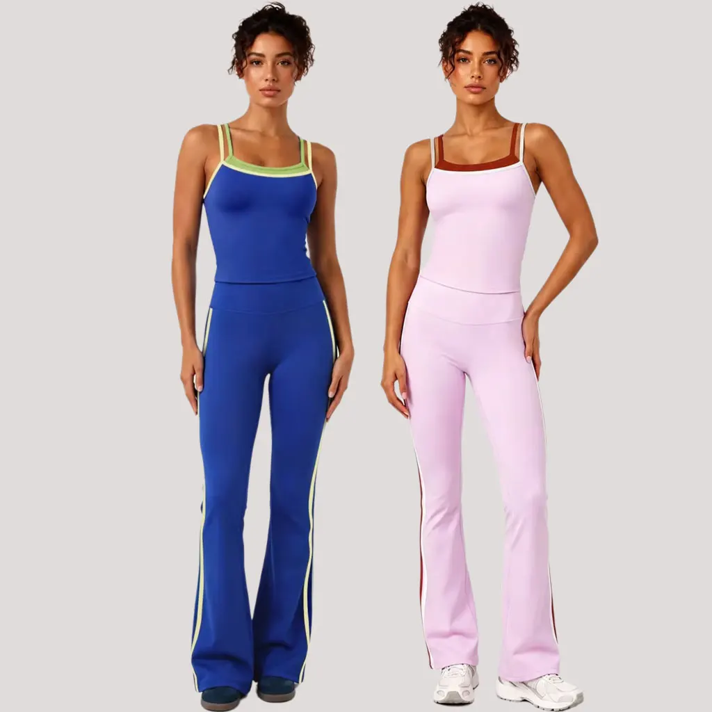 Women Athletic Yoga Set Color Block Tank Top Side Striped High Waist Slight Flare Pants For Gym Outdoor Sports Workout Training