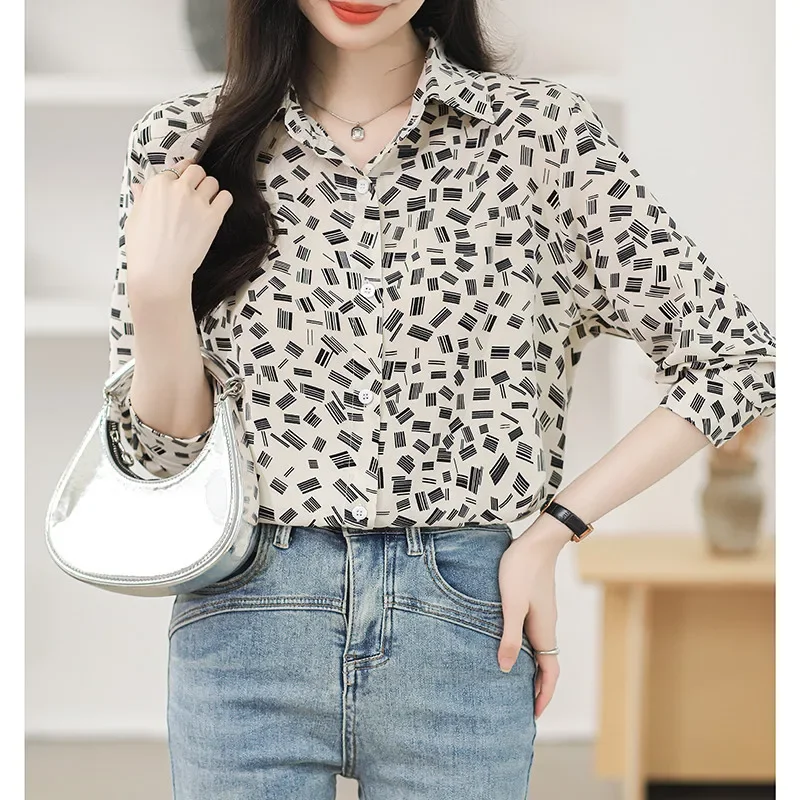 Retro Long Sleeve Printed Shirt Fashion Korean Casual Office Lady Tops Women's Clothing