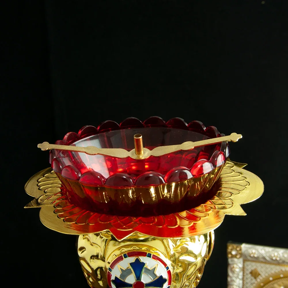 HTISOK Orthodoxe Heilige Öllampe, religiöse Vigil-Öllampe, roter Glasbecher, kreuzverziert, Kirchenleuchter, orthodoxe Kirchen-Öllampe – Detail 8