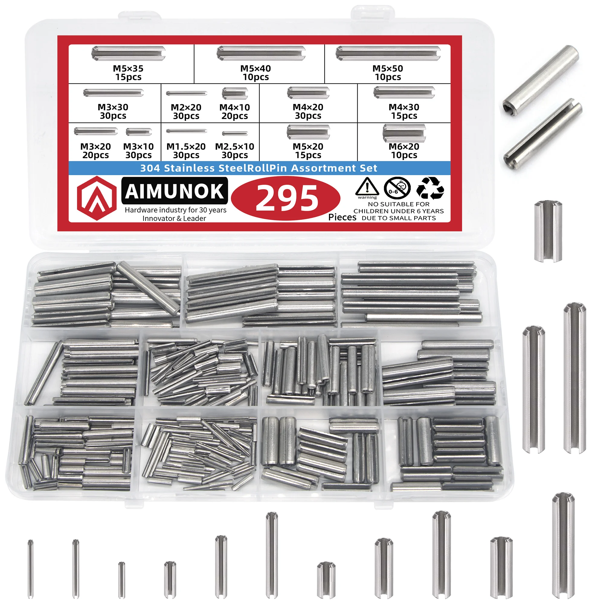 AIMUNOK 295Pcs Roll Pin Set | 304 Stainless Steel Anti-Rust | All-Size Assortment for Marine Auto Repair | Organized Storage Kit