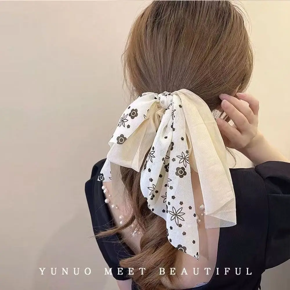 

Beige Floral Chiffon Bow Streamer Hair Scrunchie, Soft Light Tone Girl Hair Accessory