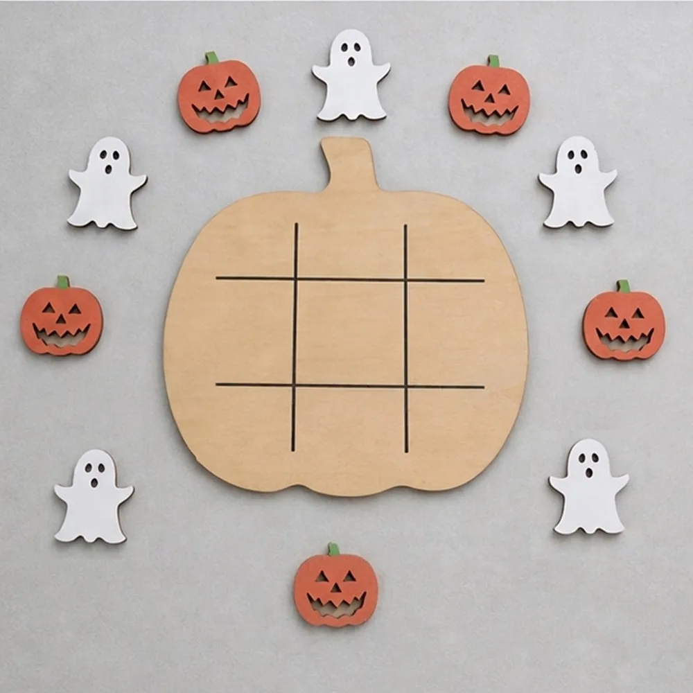 2D Flat Wooden XO Chess Game Vintage Thinking Stimulating Tic Tac Toe Set Funny Interactive Ghost Pumpkin Game Decor
