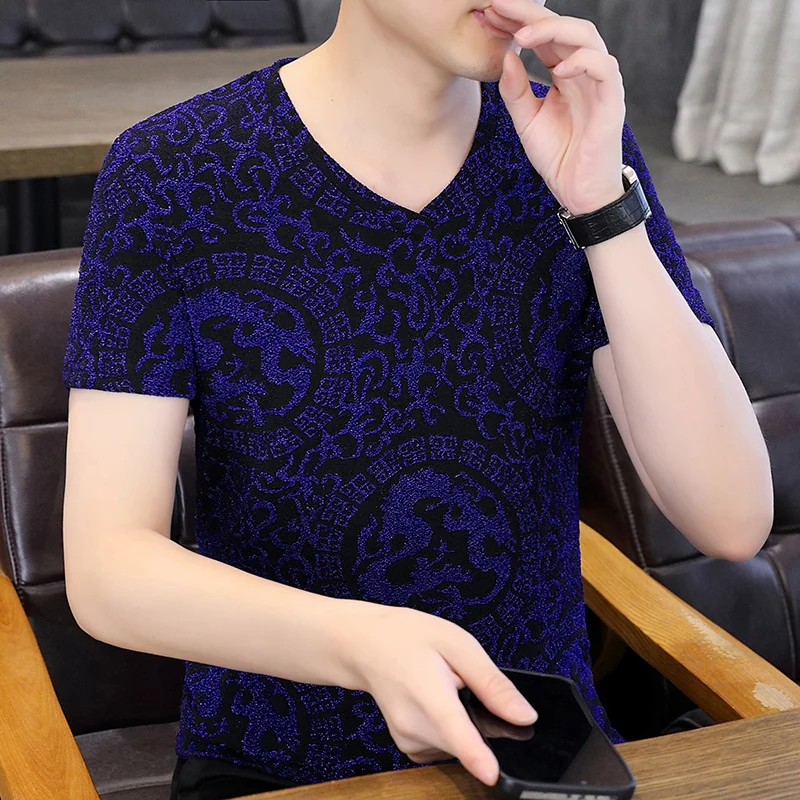 

Golden Thread Dragon Pattern T Shirt For Men V-Neck Short Sleeve Summer Quality Soft Comfortable Slim Casual Camisetas De Hombre
