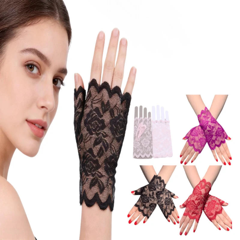 Sun Protection Women Short Lace Hollow-Out Fingerless Gloves Sleeves Mesh Thin Cycling Sexy Mittens Half Finger Handschoenen