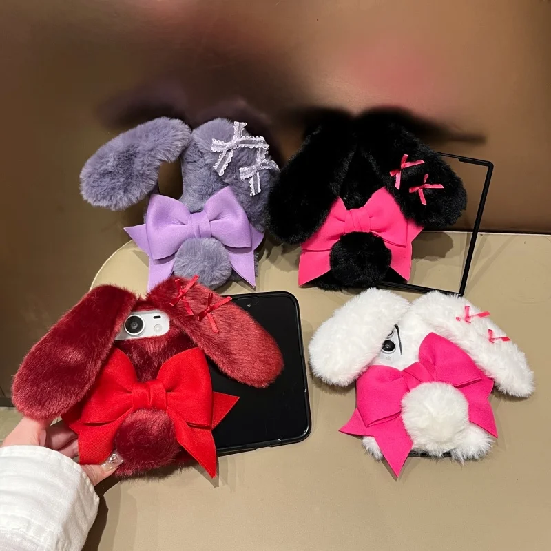 Cartoon Sweet Lolita 3D Long Floppy Bunny Ear Bow Plush Folding Phone Case For Samsung Galaxy ZFold 4 5 6 7 8 ZFold8 Ultar Cover