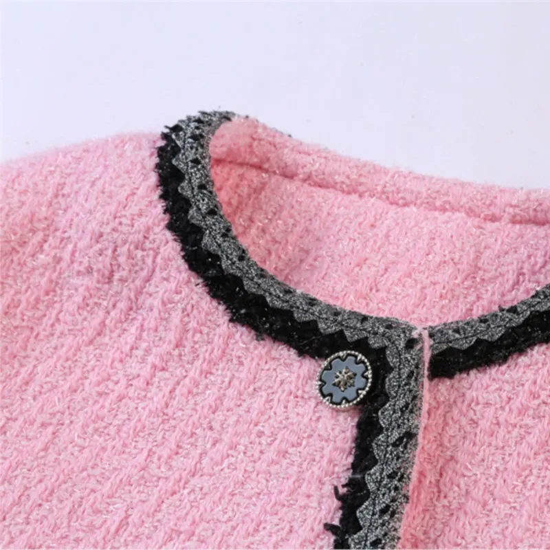 Pink tweed jacket for spring/autumn women's clothing, new sparkling woven belt splicing, sweet and fragrant short top