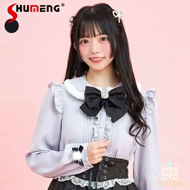 Japanese Mine Style Ruffles Plush Splicing Doll Collar Bow Long Sleeve Single-breasted Sweet Lolita Shirts Tops For Women Autumn