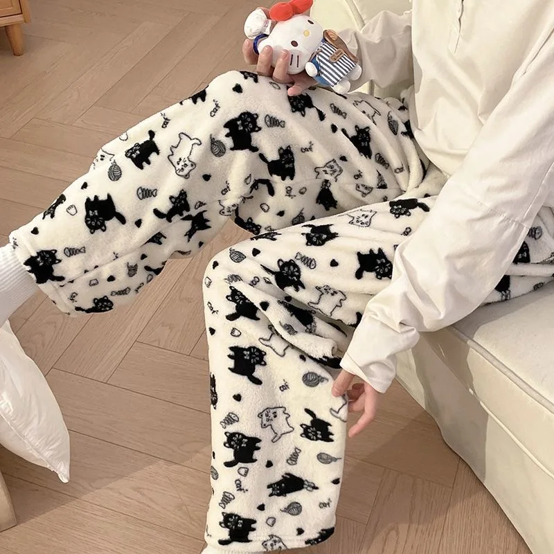 Black Cat Cartoon Pajamas Pants Kawaii Christmas PJS Korean Women Winter Warm Fluffy Flannel Sleepwear Girls Cute PJ Pants view 4