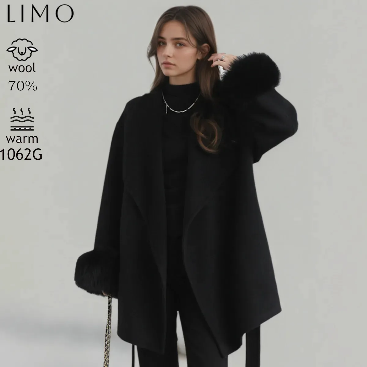 

LIMO, элегантное двустороннее шерстяное пальто в корейском стиле со шнуровкой и меховыми рукавами в светском стиле, утолщенная теплая шерстяная куртка средней длины