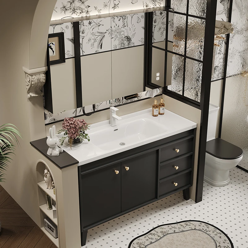 

Black French retro floor-to-ceiling bathroom cabinet, bathroom ceramic integrated face wash basin cabinet, washstand