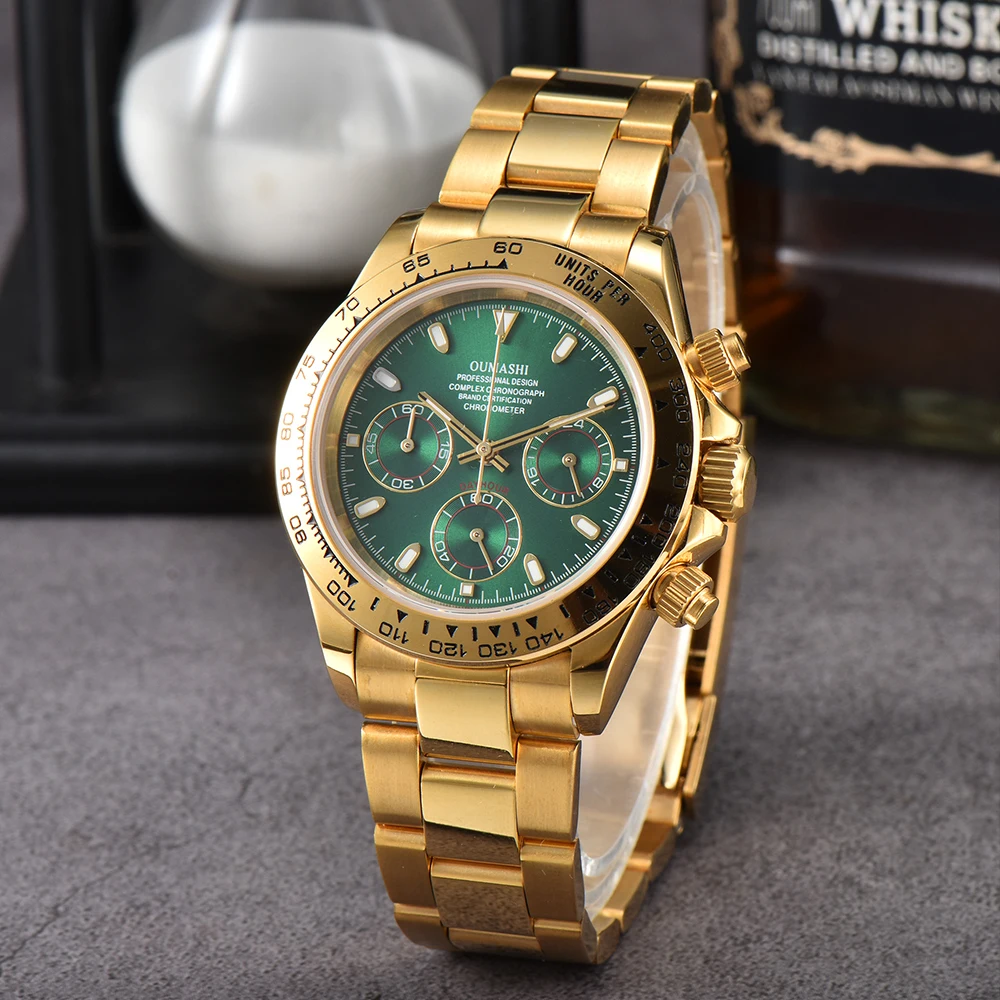 OUMASHI Golden 39.2mm VK63 Movement Panda Three Eye Quartz Watch Sapphire Glass Stainless Steel Case Timing Code Men's Watch