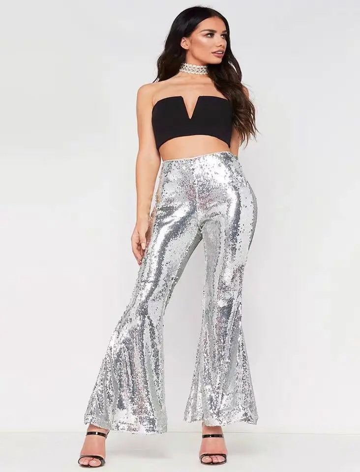 Women Sexy Flare Pants Shiny Sequin Bell-bottoms Dance Streetwear Jogger Hip Hop Disco Party Trousers Glitter Nightclub Festival