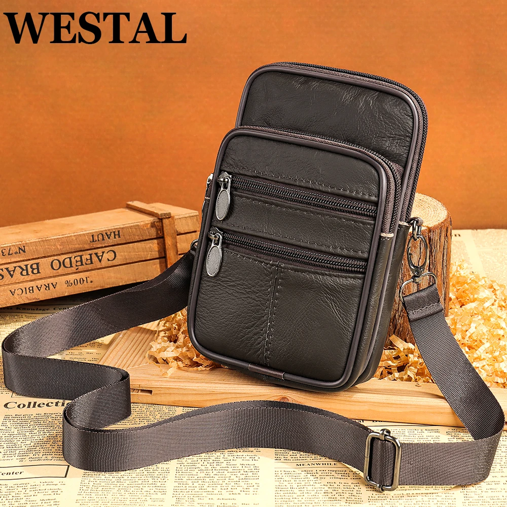 WESTAL Genuine Leather Waist Bag Shoulder Male Fanny Pack Phone Small Crossbody Messenger Bag Vintage Business Belt Pouch Pocket